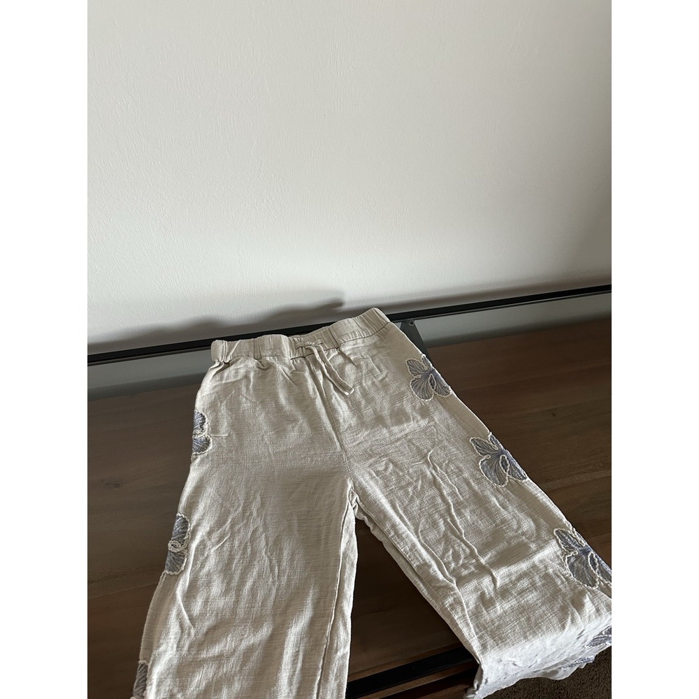 Zara Girls Linen Blend Wide Leg Embroidered Pants Flowers Pattern Size 9-10